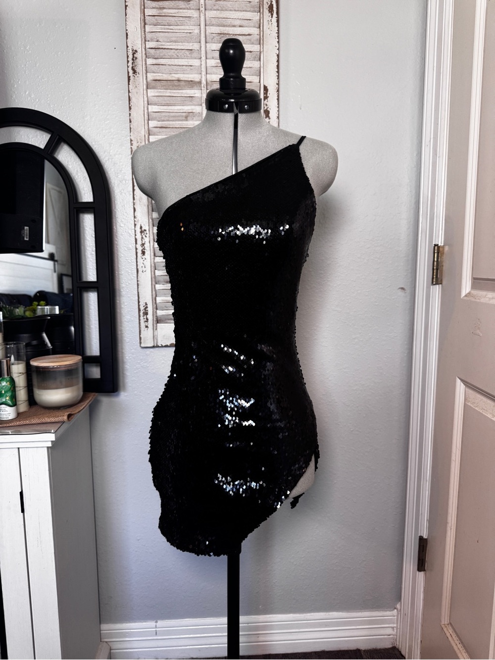 One-Shoulder Black Sequin Mini Dress